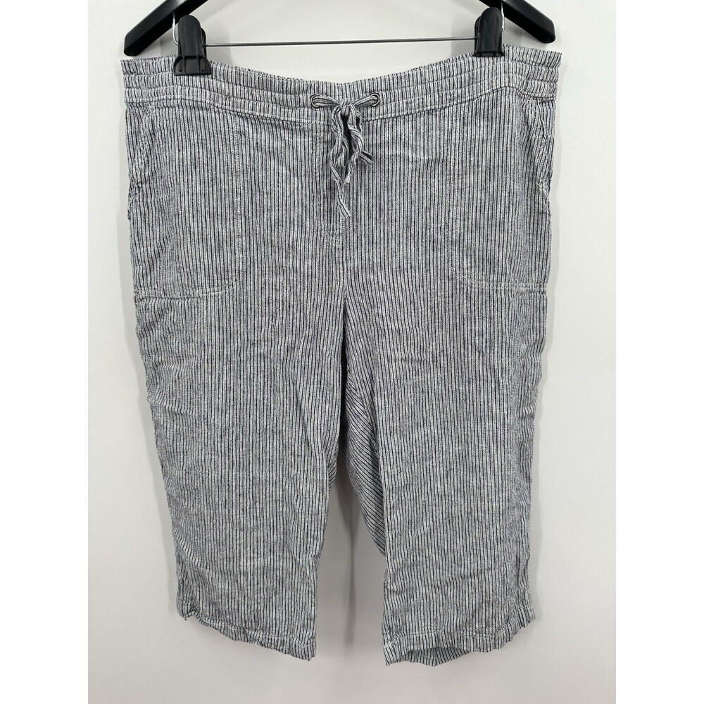 Per Se 1X Women's Blue Stripe Capri Linen Blend Pants Beach Vacation Casual